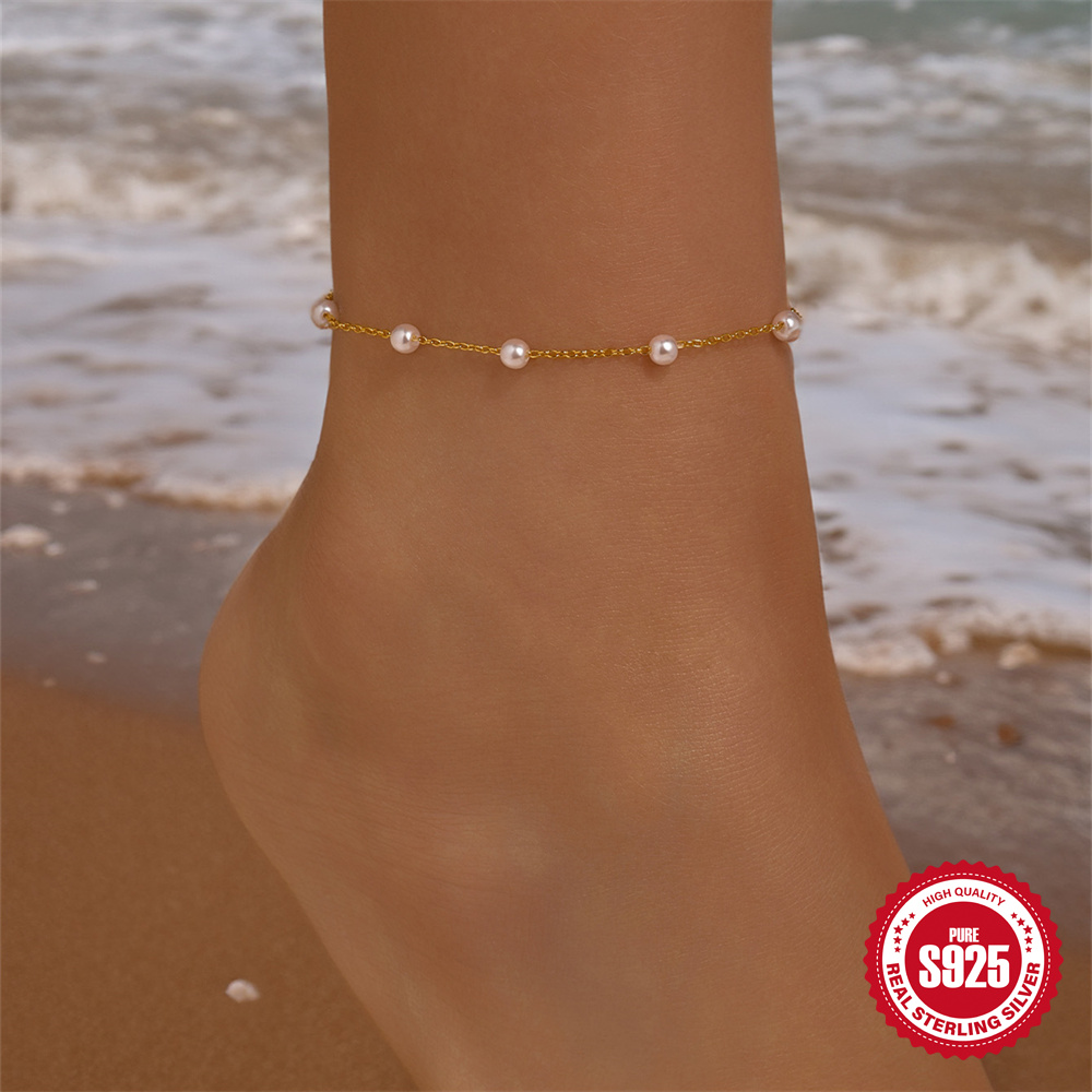 Beaded Anklet Chain - AIDE 925 sterling zilveren parel enkelbandje